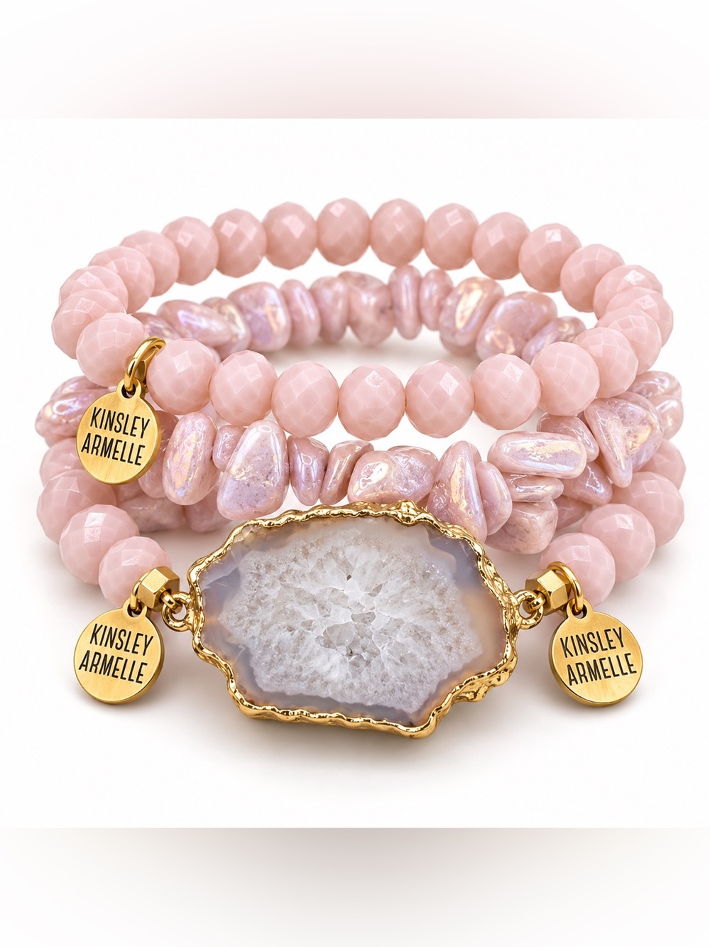 Kinsley Armelle Set of 3 Pink Beaded Stackable Bracelets Gold Druzy